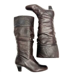 Vintage 1990s chocolate brown leather knee high pull on heeled slouch boots